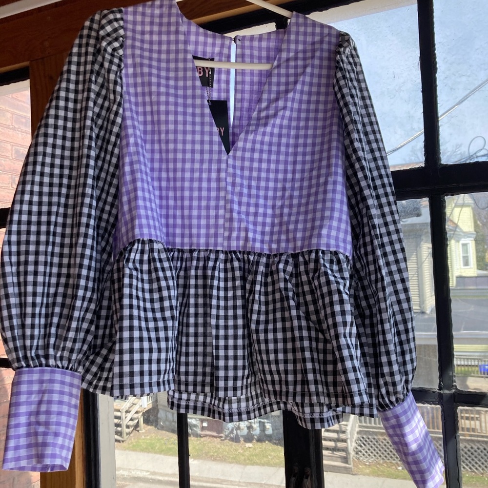 MOLBY purple and black gingham blouse